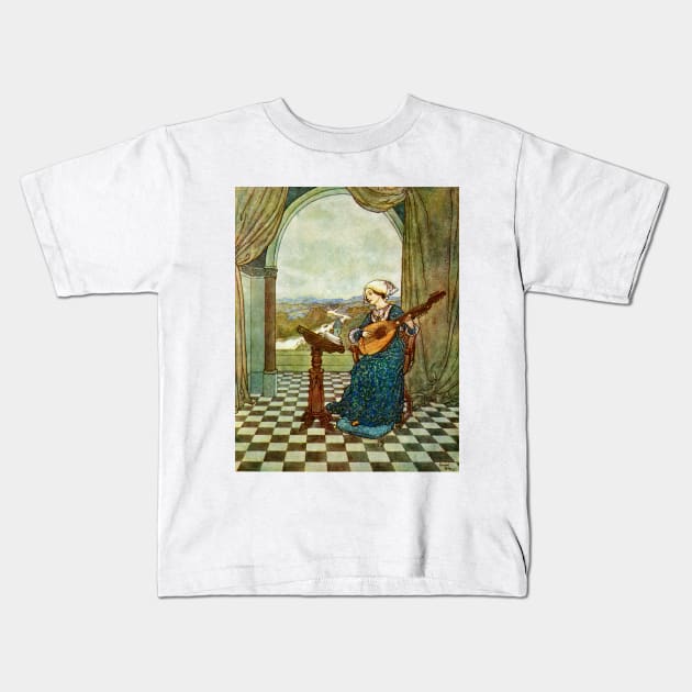Woman Playing Lute, A Wind’s Tale by Hans Christian Andersen Kids T-Shirt by rocketshipretro